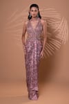Buy_Jiya by Veer Design Studio_Mauve Beads, Metallic Thread V-, Choker Glimmer Draped Gown _at_Aza_Fashions