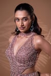 Jiya by Veer Design Studio_Mauve Beads, Metallic Thread V-, Choker Glimmer Draped Gown _at_Aza_Fashions