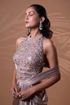 Shop_Jiya by Veer Design Studio_Rose Gold Beads, Sequins High Neck Champagne Luxe Draped Saree Gown _at_Aza_Fashions