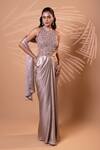 Buy_Jiya by Veer Design Studio_Rose Gold Beads, Sequins High Neck Champagne Luxe Draped Saree Gown _at_Aza_Fashions