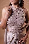 Jiya by Veer Design Studio_Rose Gold Beads, Sequins High Neck Champagne Luxe Draped Saree Gown _Online_at_Aza_Fashions