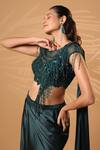 Jiya by Veer Design Studio_Emerald Green Satin Sequins, Beads, Fringe Boat Teal Draped Skirt And Blouse Set _Online_at_Aza_Fashions