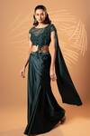 Shop_Jiya by Veer Design Studio_Emerald Green Satin Sequins, Beads, Fringe Boat Teal Draped Skirt And Blouse Set _at_Aza_Fashions