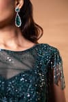 Jiya by Veer Design Studio_Emerald Green Satin Sequins, Beads, Fringe Boat Teal Draped Skirt And Blouse Set _at_Aza_Fashions
