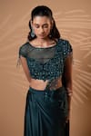 Buy_Jiya by Veer Design Studio_Emerald Green Satin Sequins, Beads, Fringe Boat Teal Draped Skirt And Blouse Set 