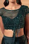 Shop_Jiya by Veer Design Studio_Emerald Green Satin Sequins, Beads, Fringe Boat Teal Draped Skirt And Blouse Set 