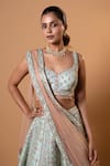 Jiya by Veer Design Studio_Green Silk, Net Sequins, Beads, Embroidery Sweetheart Neck Lehenga Set _Online_at_Aza_Fashions
