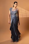 Buy_Jiya by Veer Design Studio_Charcoal Lycra Beads, Sequins Round Neck Grey Cape Draped Gown _at_Aza_Fashions