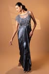 Jiya by Veer Design Studio_Charcoal Lycra Beads, Sequins Round Neck Grey Cape Draped Gown _Online_at_Aza_Fashions