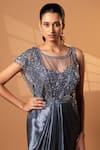 Shop_Jiya by Veer Design Studio_Charcoal Lycra Beads, Sequins Round Neck Grey Cape Draped Gown _Online_at_Aza_Fashions