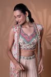 Buy_Jiya by Veer Design Studio_Cream Chiffon Sequins, Embroidery, Beads V-neck Beige Printed Jacket Lehenga Set _Online_at_Aza_Fashions