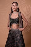 Jiya by Veer Design Studio_Olive Green Satin Embroidery, Tassels, Beads Scoop Printed Jacket Lehenga Set _at_Aza_Fashions