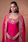 Jiya by Veer Design Studio_Pink Silk Embroidery, Metallic Thread Scoop Neck, Round Rani Gown With Cape _Online_at_Aza_Fashions