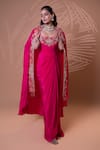 Buy_Jiya by Veer Design Studio_Pink Silk Embroidery, Metallic Thread Scoop Neck, Round Rani Gown With Cape _Online_at_Aza_Fashions