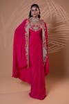 Buy_Jiya by Veer Design Studio_Pink Silk Embroidery, Metallic Thread Scoop Neck, Round Rani Gown With Cape _at_Aza_Fashions