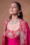 Shop_Jiya by Veer Design Studio_Pink Silk Embroidery, Metallic Thread Scoop Neck, Round Rani Gown With Cape _Online_at_Aza_Fashions