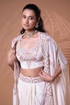 Jiya by Veer Design Studio_Off White Crepe Embroidery Open , Round Cape Skirt Set _at_Aza_Fashions