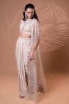 Jiya by Veer Design Studio_Beige Crepe Beads, Sequins Round Neck Embellished Cape Draped Skirt Set _Online_at_Aza_Fashions