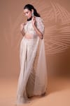 Buy_Jiya by Veer Design Studio_Beige Crepe Beads, Sequins Round Neck Embellished Cape Draped Skirt Set _Online_at_Aza_Fashions