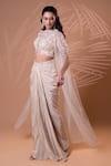 Shop_Jiya by Veer Design Studio_Beige Crepe Beads, Sequins Round Neck Embellished Cape Draped Skirt Set _at_Aza_Fashions