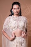 Shop_Jiya by Veer Design Studio_Beige Crepe Beads, Sequins Round Neck Embellished Cape Draped Skirt Set _Online_at_Aza_Fashions