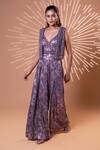 Jiya by Veer Design Studio_Purple Beads, Sequins V-, Open Metallic Wrap Jumpsuit With Jacket _Online_at_Aza_Fashions