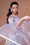 Jiya by Veer Design Studio_Grey Net Beads, Sequins, Embroidery Boat Neck, Off-shoulder Work Lehenga Set _Online_at_Aza_Fashions