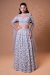 Buy_Jiya by Veer Design Studio_Grey Net Beads, Sequins, Embroidery Boat Neck, Off-shoulder Work Lehenga Set _at_Aza_Fashions