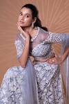 Jiya by Veer Design Studio_Grey Net Beads, Sequins, Embroidery Boat Neck, Off-shoulder Work Lehenga Set _at_Aza_Fashions