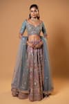 Buy_Jiya by Veer Design Studio_Blue Net Embroidery, Sequins, Pom-poms, Mirrors, Vintage Mauve Trail Lehenga Set _at_Aza_Fashions
