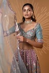 Shop_Jiya by Veer Design Studio_Blue Net Embroidery, Sequins, Pom-poms, Mirrors, Vintage Mauve Trail Lehenga Set _Online_at_Aza_Fashions