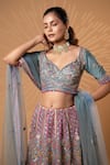 Jiya by Veer Design Studio_Blue Net Embroidery, Sequins, Pom-poms, Mirrors, Vintage Mauve Trail Lehenga Set _at_Aza_Fashions