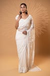 Jiya by Veer Design Studio_Off White Organza Embroidery, Sequins, Metallic Pre-draped Saree With Blouse _Online_at_Aza_Fashions