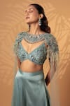 Jiya by Veer Design Studio_Aqua Satin Sequins, Beads, Feathers Round Dusty Mint Dream Cape Lehenga Set _Online_at_Aza_Fashions