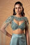 Buy_Jiya by Veer Design Studio_Aqua Satin Sequins, Beads, Feathers Round Dusty Mint Dream Cape Lehenga Set _Online_at_Aza_Fashions