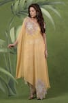 Buy_Sandhya Shah_Yellow Crepe, Dupion, Silk Embroidery, Sequins, Chimeric Kaftan And Pant Set _at_Aza_Fashions