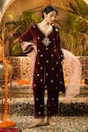 Buy_Surabhi Arya_Maroon Velvet, Organza Embroidery, Zari V-neck Embellished Butti Kurta Set _at_Aza_Fashions