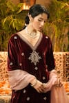 Surabhi Arya_Maroon Velvet, Organza Embroidery, Zari V-neck Embellished Butti Kurta Set _Online_at_Aza_Fashions
