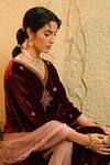 Buy_Surabhi Arya_Maroon Velvet, Organza Embroidery, Zari V-neck Embellished Butti Kurta Set _Online_at_Aza_Fashions