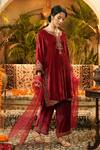 Shop_Surabhi Arya_Maroon Velvet, Organza Embroidery Round Neck, Split Hand Kurta Set _Online_at_Aza_Fashions