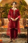 Buy_Surabhi Arya_Maroon Velvet, Organza Embroidery Round Neck, Split Hand Kurta Set _at_Aza_Fashions