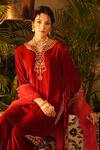 Buy_Surabhi Arya_Maroon Velvet, Organza Embroidery Round Neck, Split Hand Kurta Set 