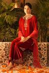 Shop_Surabhi Arya_Maroon Velvet, Organza Embroidery Round Neck, Split Hand Kurta Set 