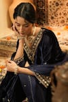 Buy_Surabhi Arya_Navy Velvet, Organza Mirrors, Zari, Embroidery V-neck Work Kurta Set _Online_at_Aza_Fashions