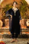 Buy_Surabhi Arya_Navy Velvet, Organza Mirrors, Zari, Embroidery V-neck Work Kurta Set _at_Aza_Fashions