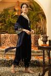 Surabhi Arya_Navy Velvet, Organza Mirrors, Zari, Embroidery V-neck Work Kurta Set _at_Aza_Fashions