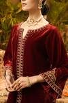 Buy_Surabhi Arya_Maroon Velvet Zari, Embroidery Split V-neck And Thread Kurta Set _Online_at_Aza_Fashions
