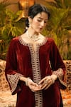 Shop_Surabhi Arya_Maroon Velvet Zari, Embroidery Split V-neck And Thread Kurta Set _Online_at_Aza_Fashions