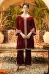 Buy_Surabhi Arya_Maroon Velvet Zari, Embroidery Split V-neck And Thread Kurta Set _at_Aza_Fashions