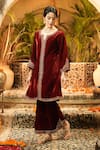 Surabhi Arya_Maroon Velvet Zari, Embroidery Split V-neck And Thread Kurta Set _at_Aza_Fashions